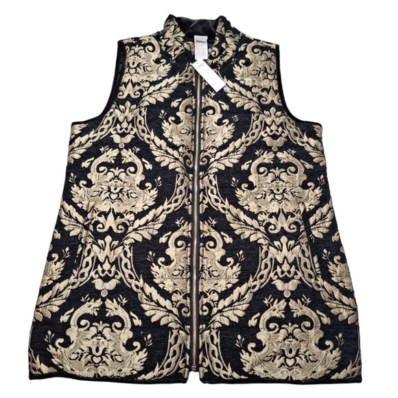 NWT Chico’s Size 2 Black Velvet to Gold Jacquard REVERSIBLE Quilted Vest( LG/12) - Picture 10 of 11